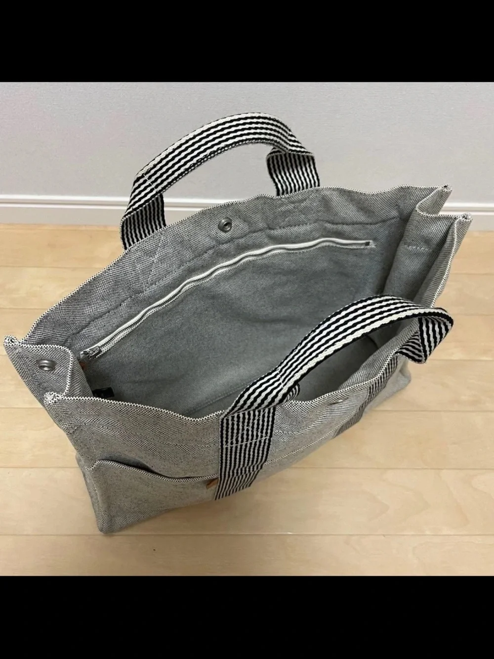Hermes Gray Canvas Tote with Striped Web Handles